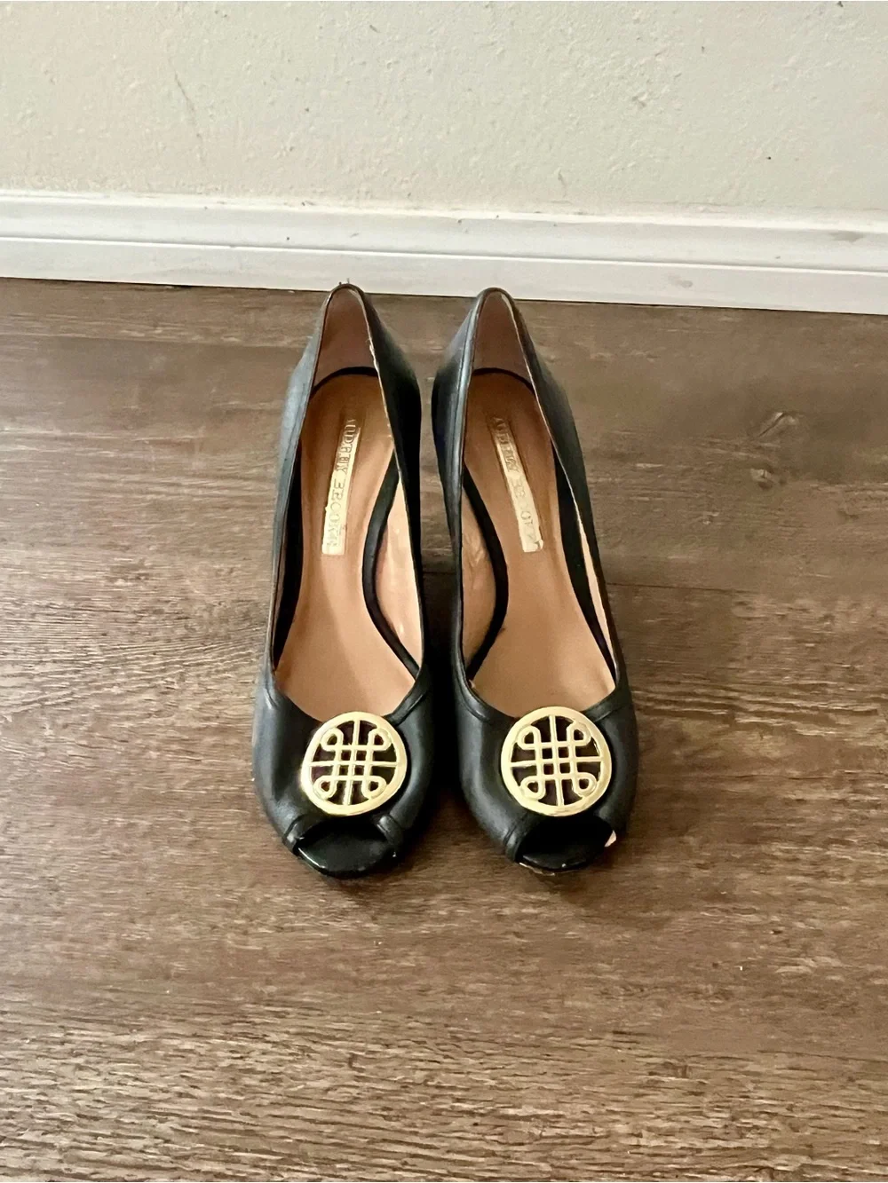 Audrey Brooke Black Wedge Peep-Toe Pumps with Gold Medallion